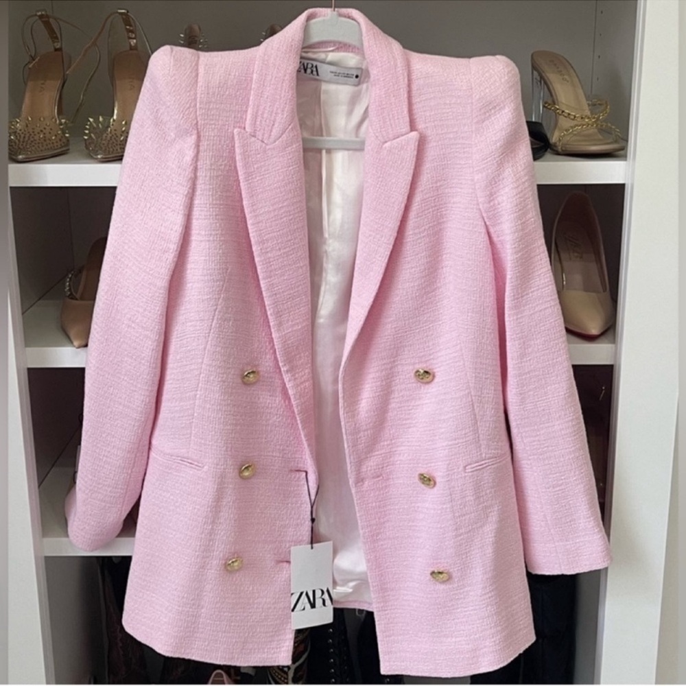 ZARA NEW BUTTONED TEXTURED WEAVE BLAZER  PASTEL PINK Size Xsmall